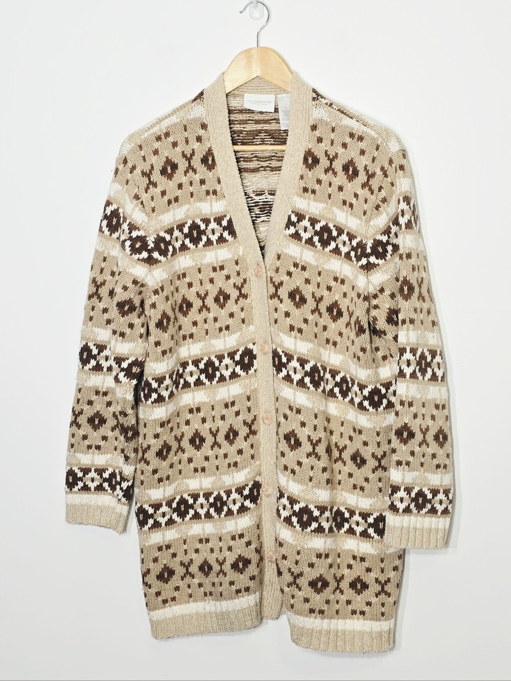 Liz Claiborne Vintage Neutral Brown Beige 70% Cotton Cardigan Sweater Cottage